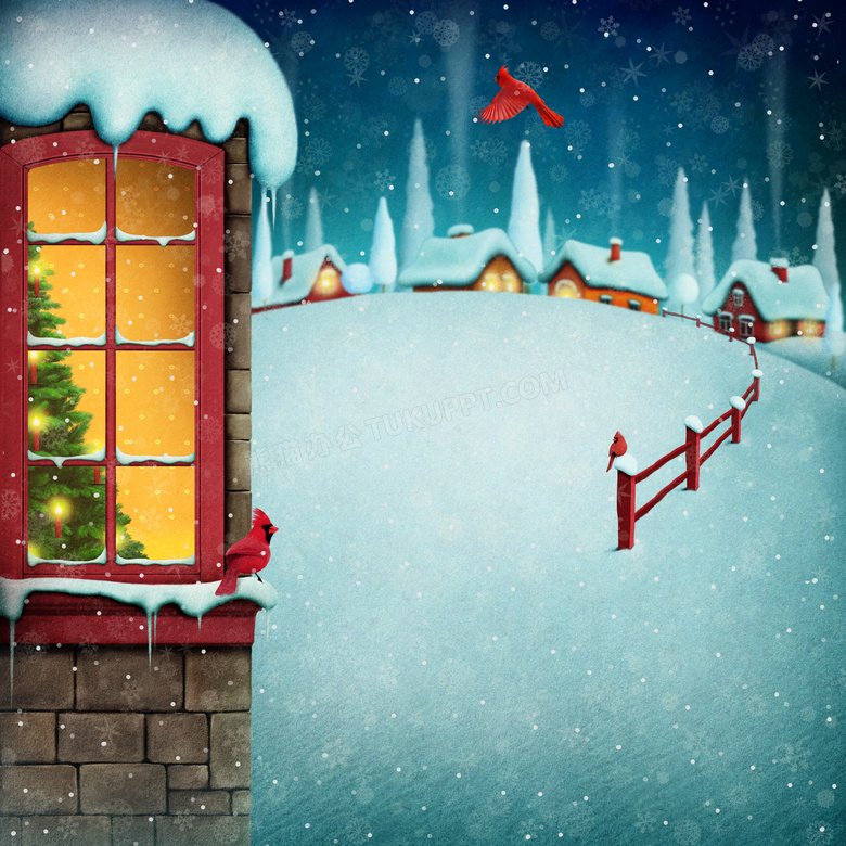 温馨小屋与窗外的雪景插画高清图片