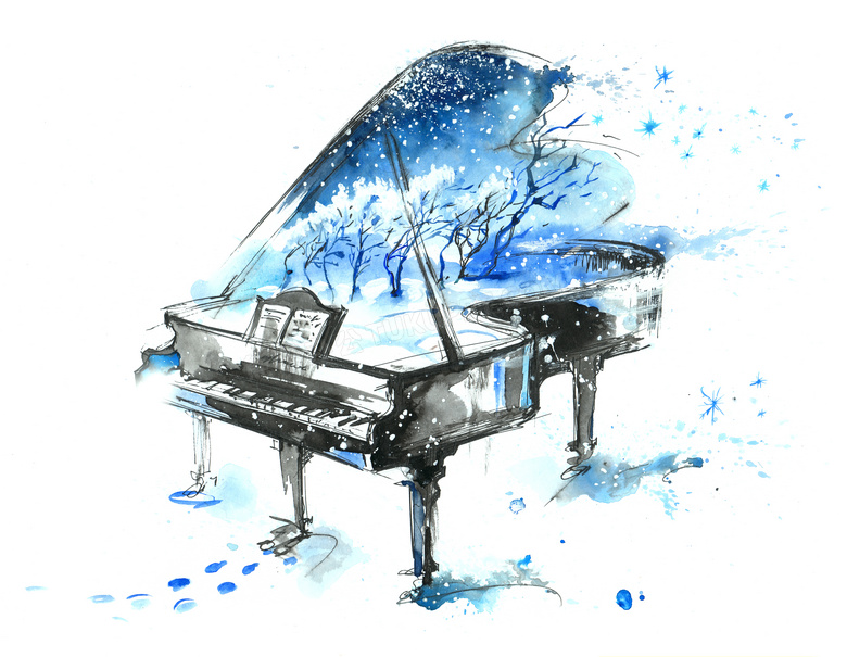 水彩喷溅元素钢琴绘画创意高清图片