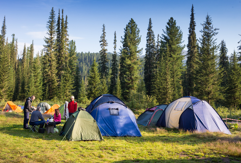 树林旁大大小小的帐篷摄影高清图片