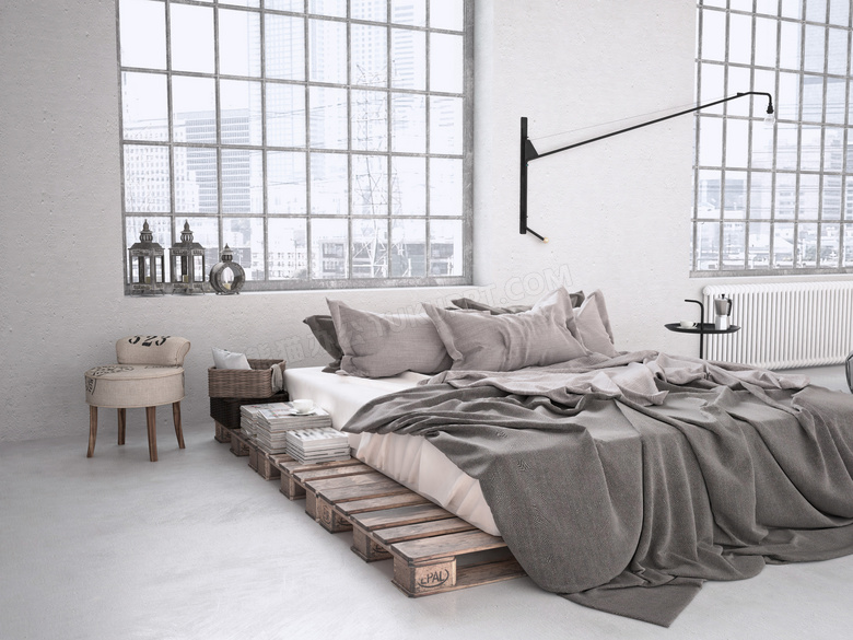 美式工业风格卧室布置摄影高清图片