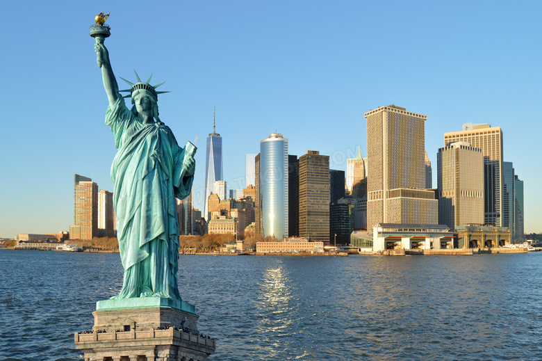 纽约建筑与自由女神像特写高清图片