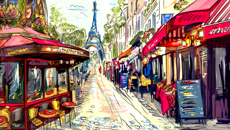 巴黎街头的咖啡馆手绘创意高清图片