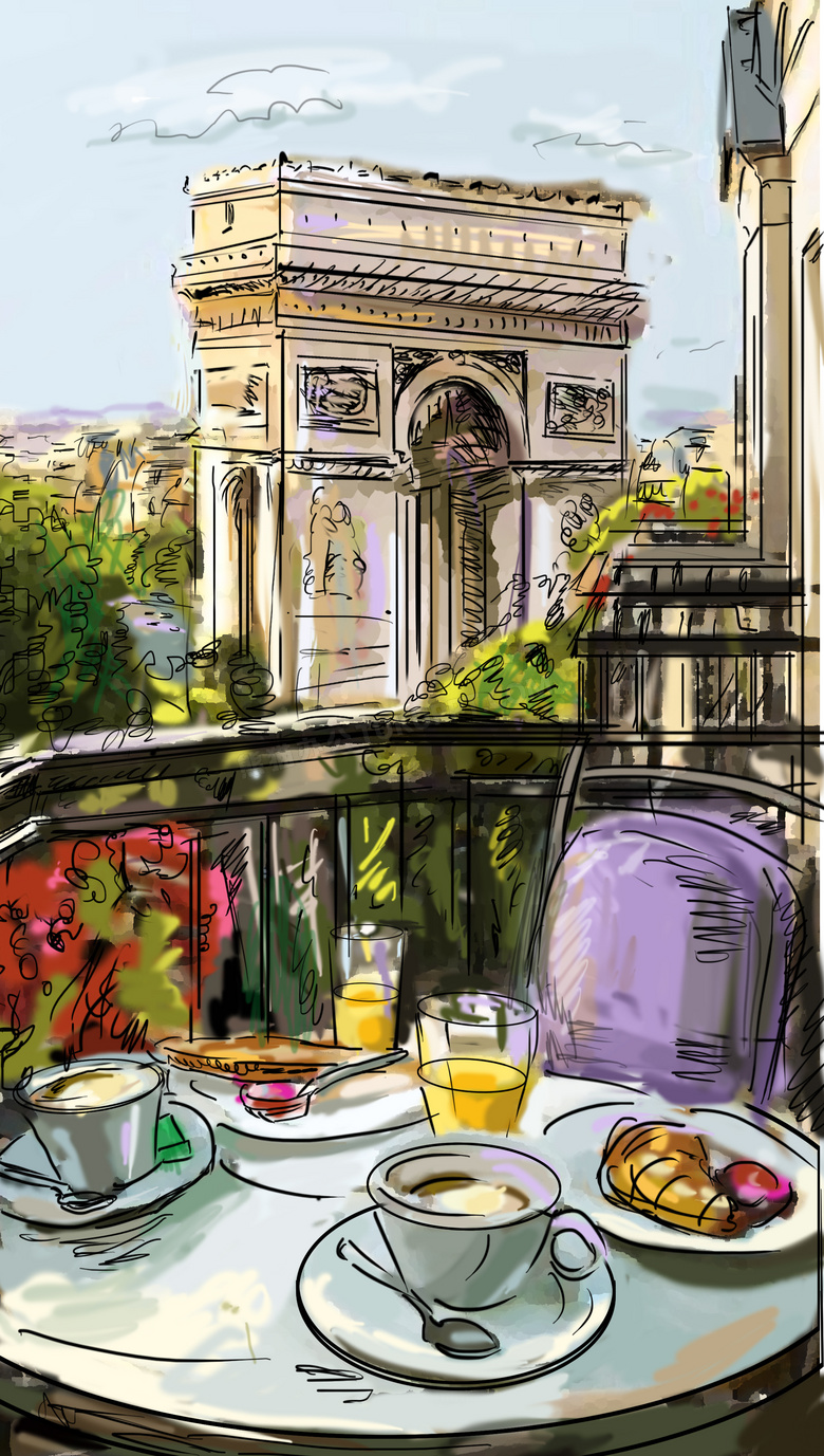 法国凯旋门与餐桌美食手绘风格图片