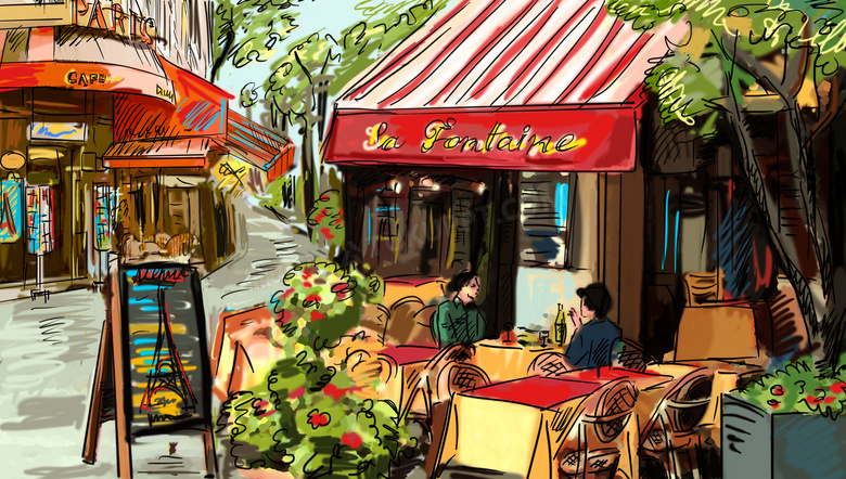手绘风格餐饮饭店与咖啡馆高清图片