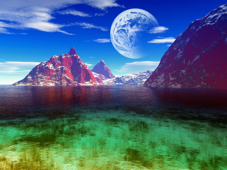 蓝天月亮海水大山风光摄影高清图片