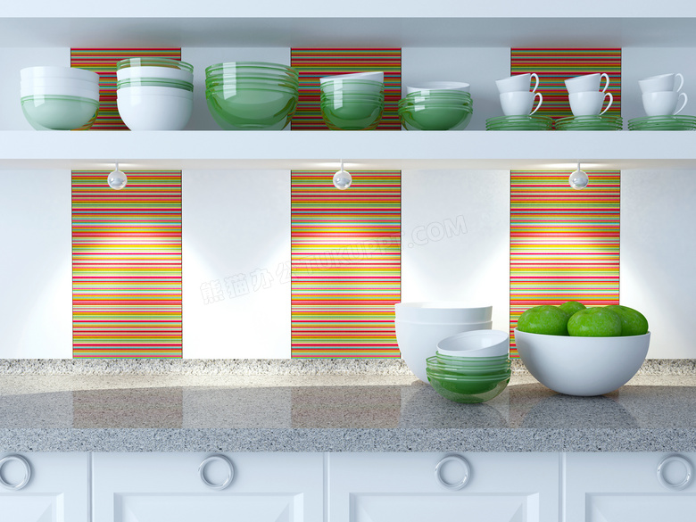 厨房置物架上的碗等餐具高清渲染图