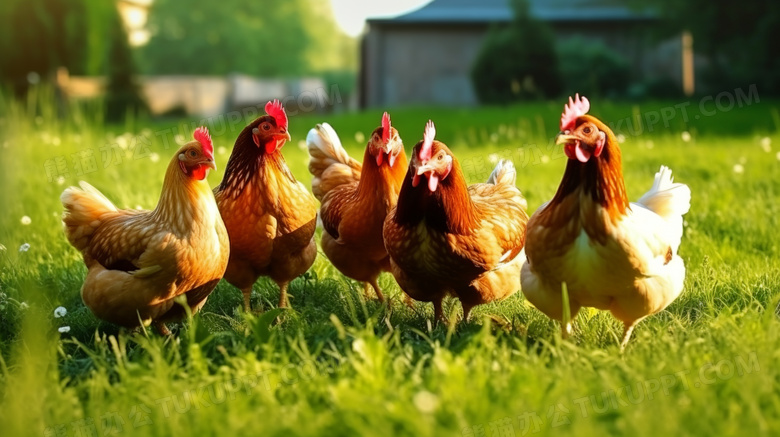 农村草地上的一群小鸡