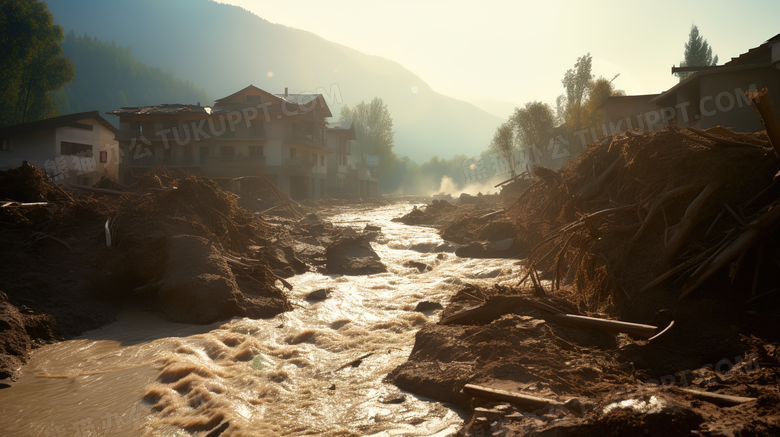 洪水泥石流穿过村庄毁坏的房屋和道路场景特写图片