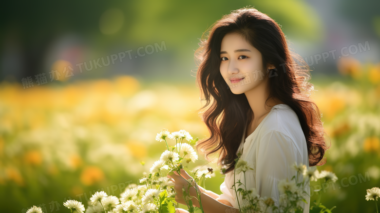 美丽的长发女孩坐在花丛中开心的笑特写图片