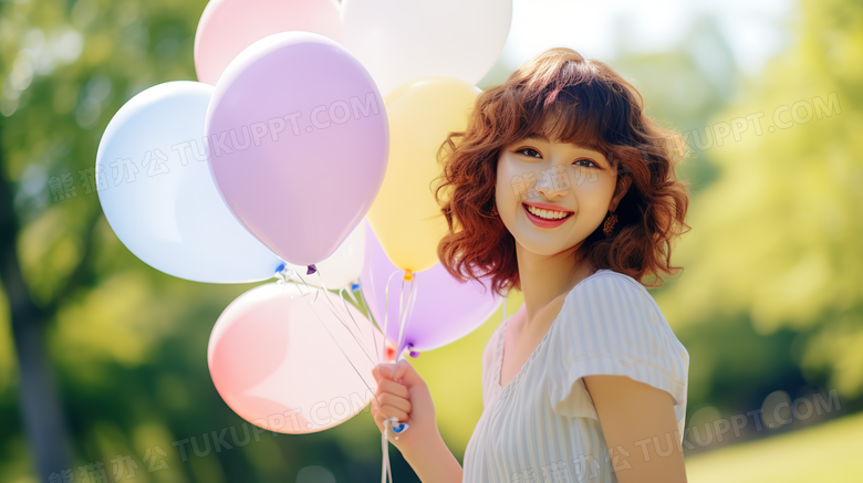 可爱的短发女孩拿着彩色气球开心的笑特写图片