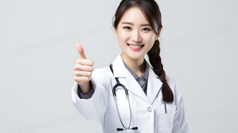 穿着白色工作服的女医生开心的做出点赞的动作特写图片