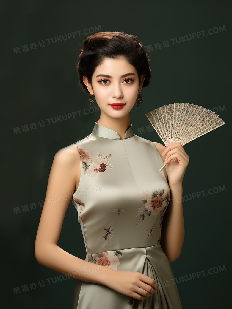 身穿中式改良旗袍礼服的气质美女模特特写图片