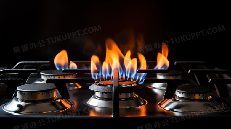 厨房燃气灶台上被点燃的火焰摄影图