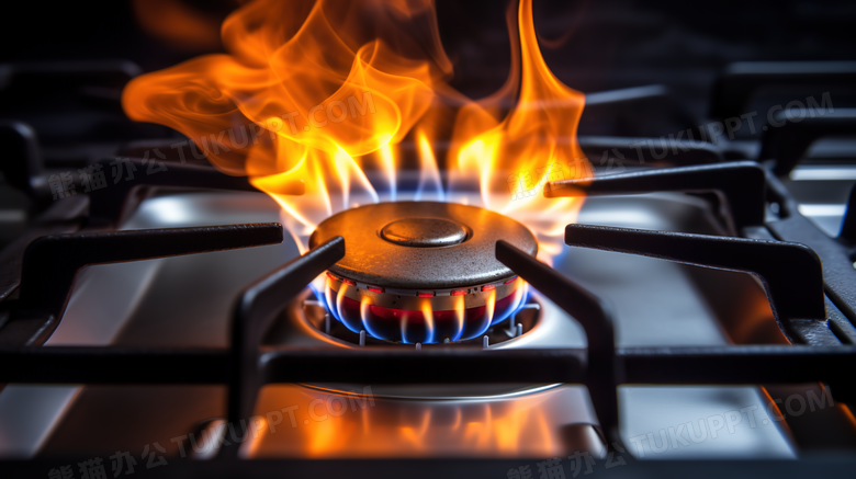 厨房燃气灶台上被点燃的火焰摄影图