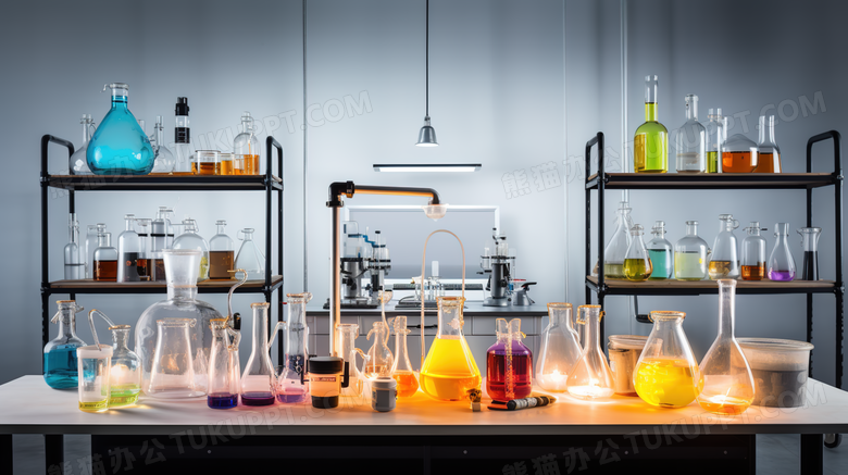 实验室操作台上容器内的化学液体摄影图