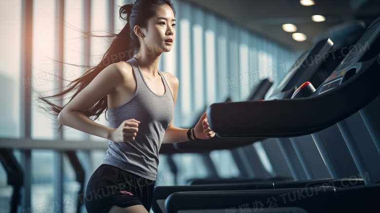 在健身房跑步机上运动的女生摄影图