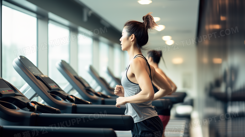 在健身房跑步机上跑步运动的女人特写图片