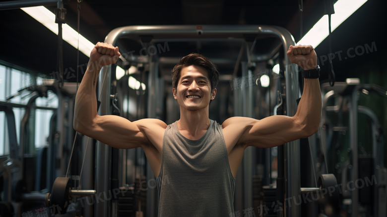 健身房展示强壮肌肉的男士特写图片