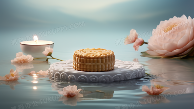 水中摆放在盘子上的精美月饼花朵美食插画