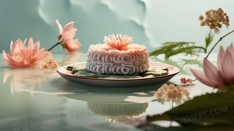 水中摆放在盘子上的精美月饼花朵美食插画