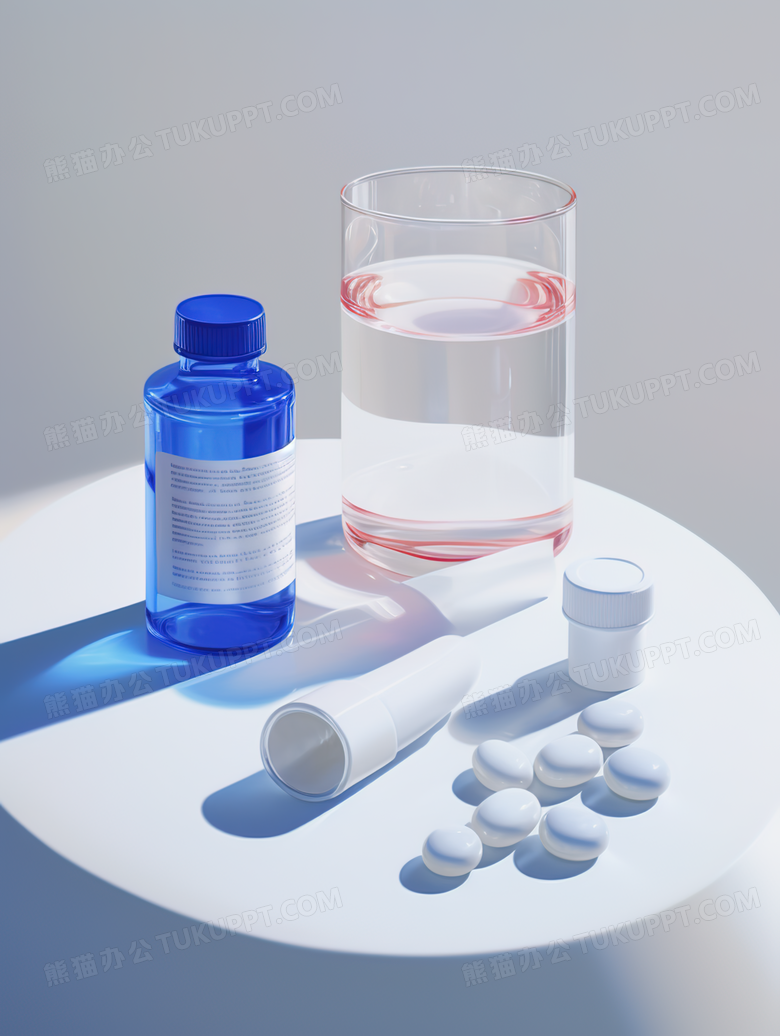 桌面上的蓝色药瓶和白色药丸产品摄影图