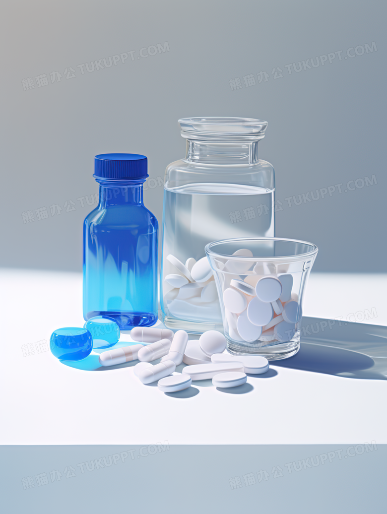 桌面上的蓝色药瓶和白色药丸产品摄影图