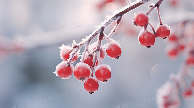 雪中树枝上的红色果实微距特写摄影图