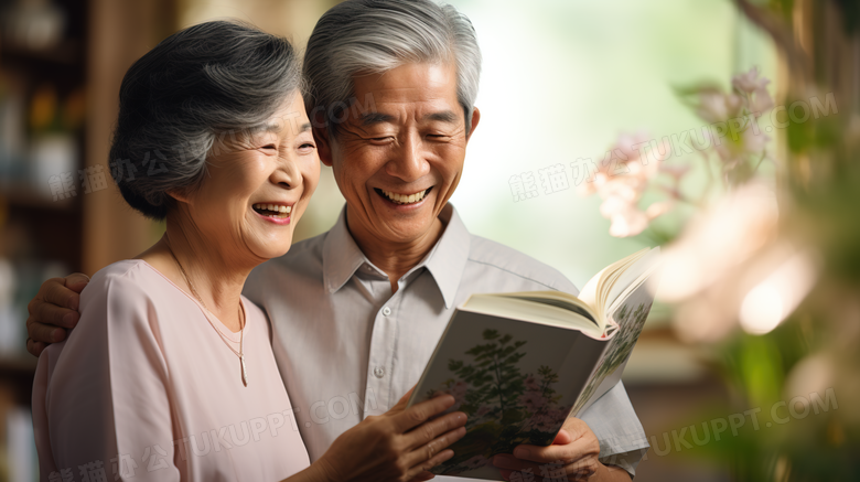 重阳节老年夫妻一起阅读摄影图