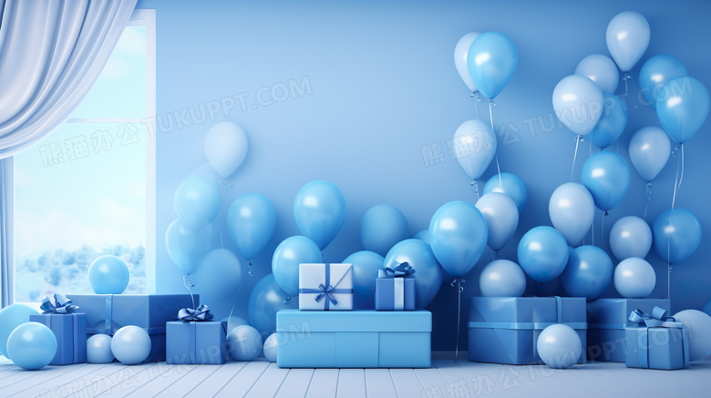 蓝色彩色气球生日展板派对摄影图