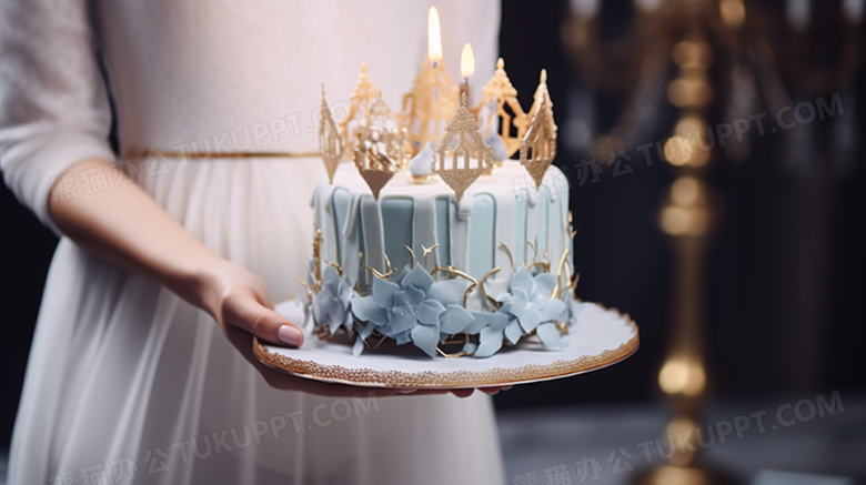 蓝色生日蛋糕美食过生日摄影图