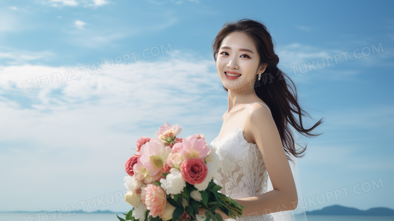 新娘手捧花站在海边摄影图