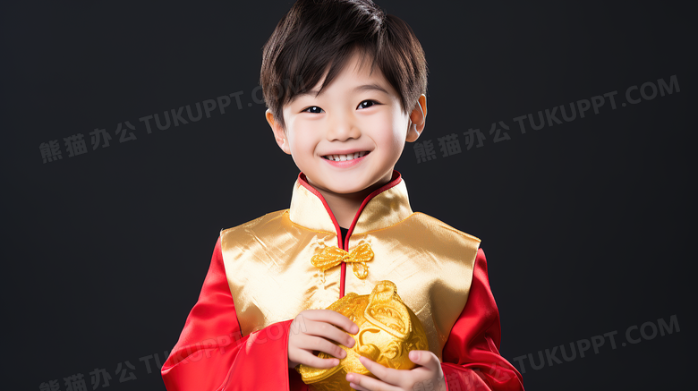 新年穿着唐装的男孩抱着金元宝图片
