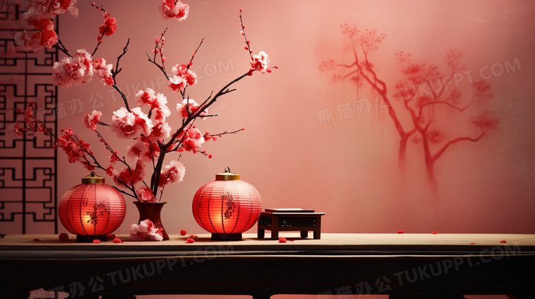 红色中国风花束茶艺桌面图片
