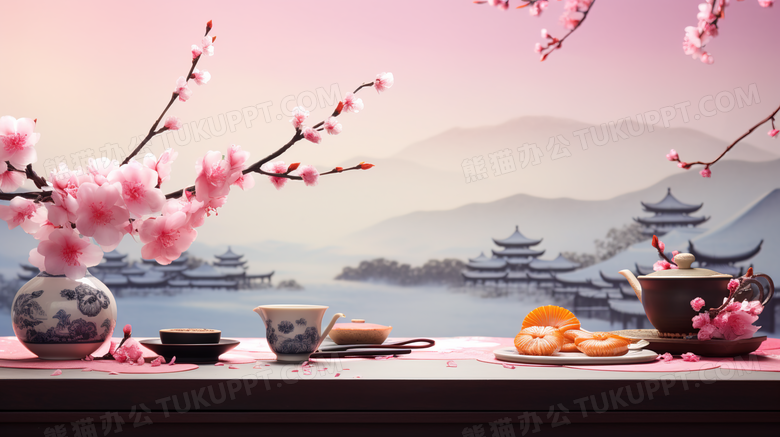 红色中国风花束茶艺桌面图片