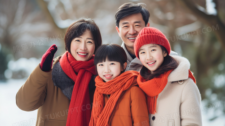 春节寒假幸福的一家人在雪地开心合照