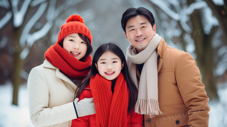 春节寒假幸福的一家人在雪地开心合照