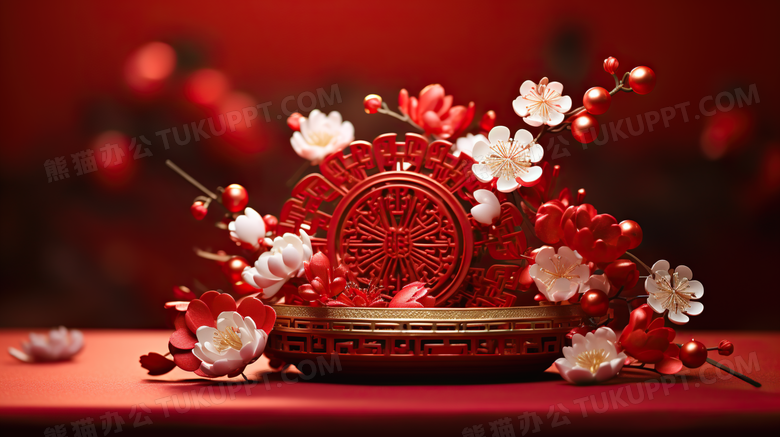新年红色喜庆物品花卉图片