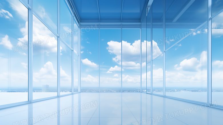 大片落地玻璃窗外的蓝天白云图片