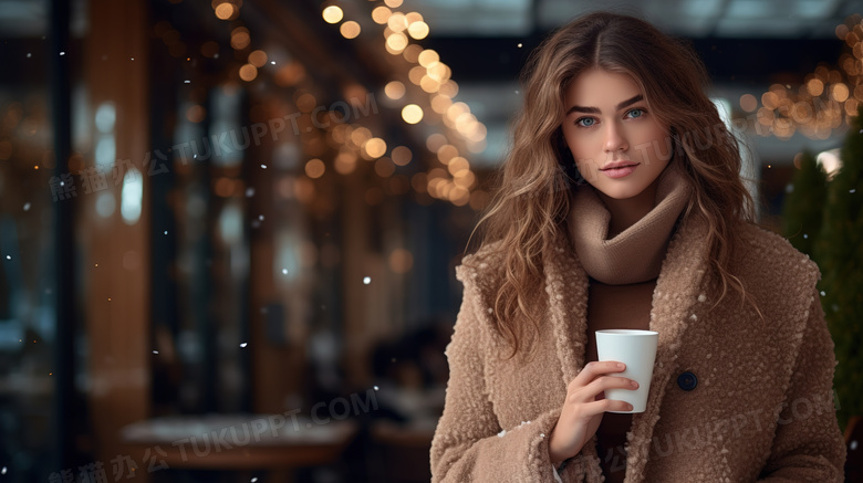 冬天拿着咖啡的外国美女图片