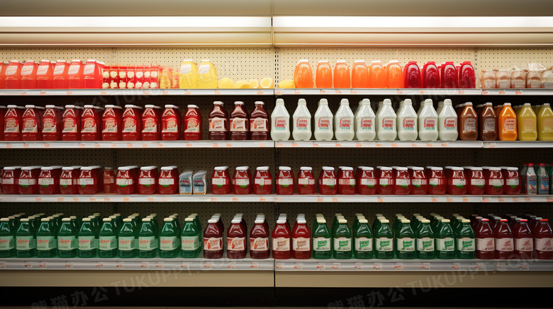 彩色整齐排放的超市货架饮料图片