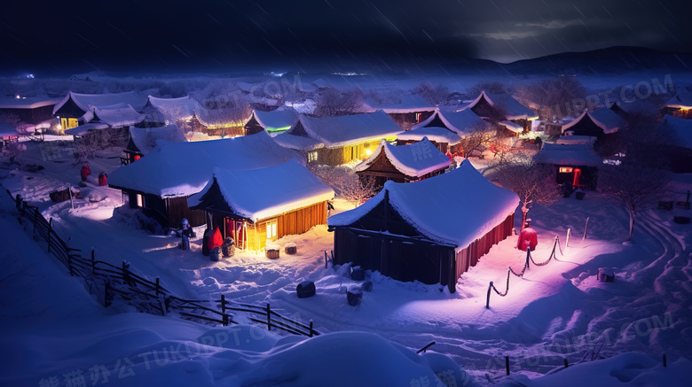 冬天晚上的东北雪乡风景图片