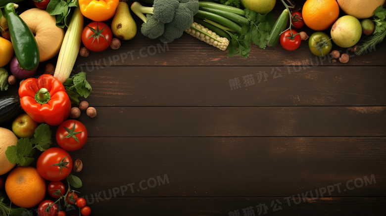 木板上的新鲜蔬菜水果装饰背景