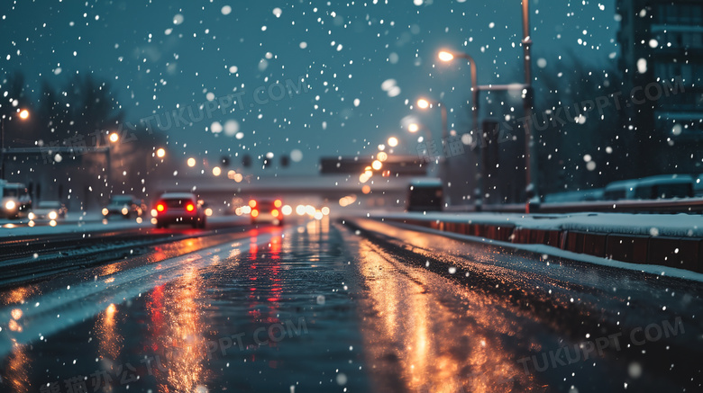 夜间雪中行驶在湿滑道路上的车辆图片
