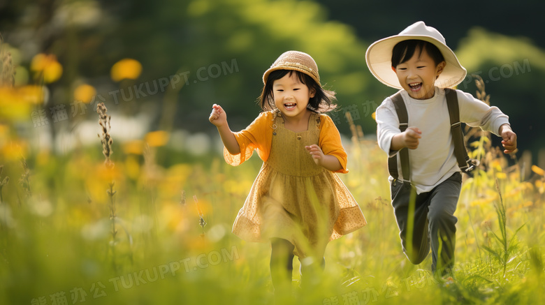 春天在草地上奔跑的孩子图片