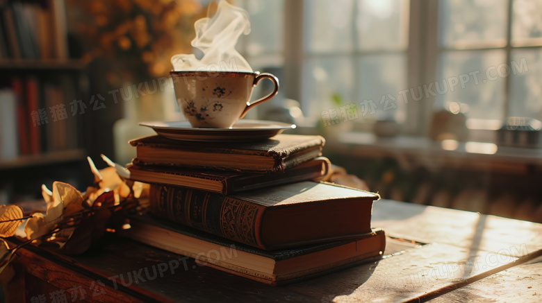 书桌摆放叠起的书本上放着一杯热咖啡图片