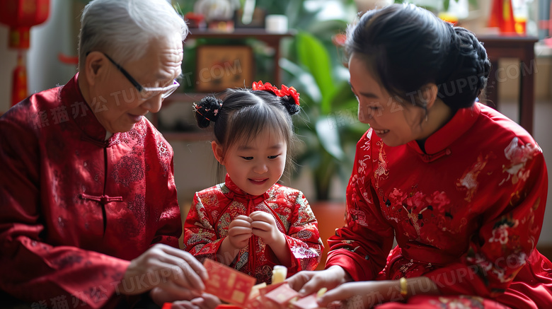 春节穿着红色喜庆服装的一家人