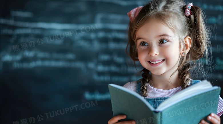 黑板前读书的可爱女孩图片