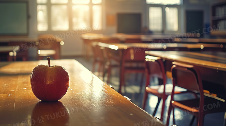 教室课桌上摆放着一个红苹果图片