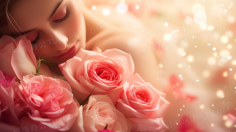 美女抱着美丽的粉色玫瑰花