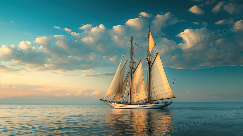 黄昏时刻在海上航行的帆船图片